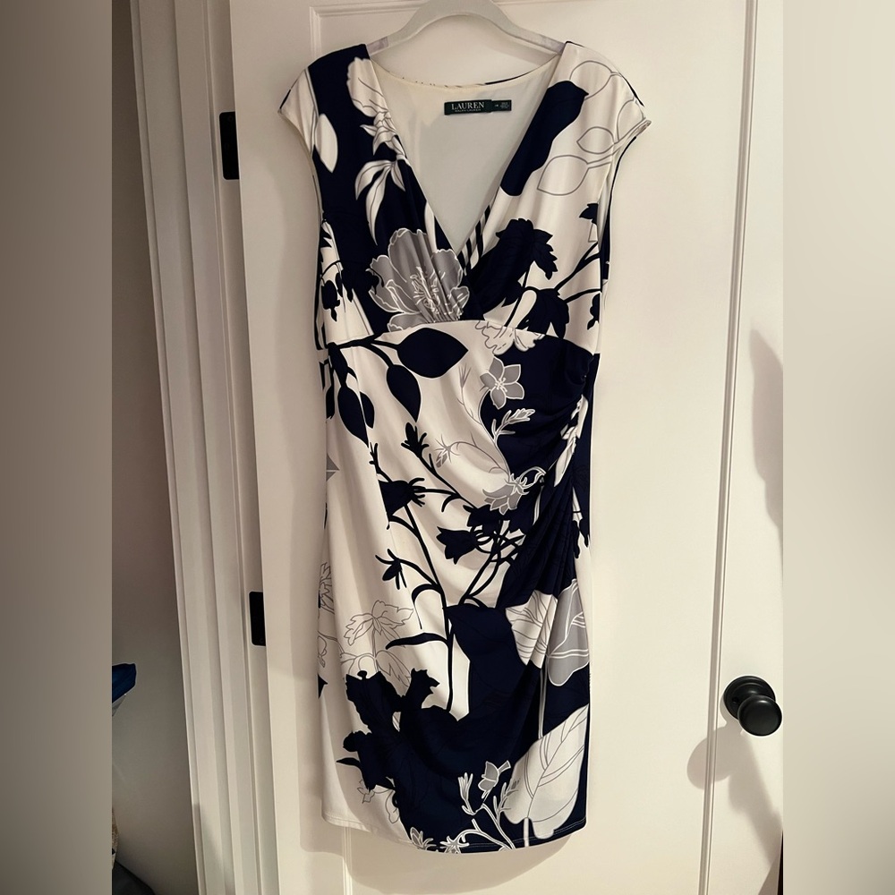 Ralph Lauren Blue and White Sheath Dress with Flutter Cap Sleeves